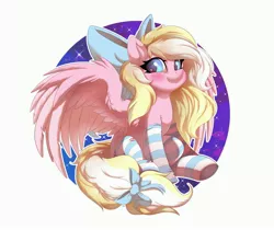 Size: 4096x3448 | Tagged: safe, artist:ask-colorsound, derpibooru import, oc, oc:bay breeze, unofficial characters only, pegasus, pony, blushing, bow, clothes, cute, female, hair bow, image, jpeg, looking at you, mare, ocbetes, simple background, socks, solo, spread wings, starry eyes, striped socks, tail bow, underhoof, white background, wingding eyes, wings