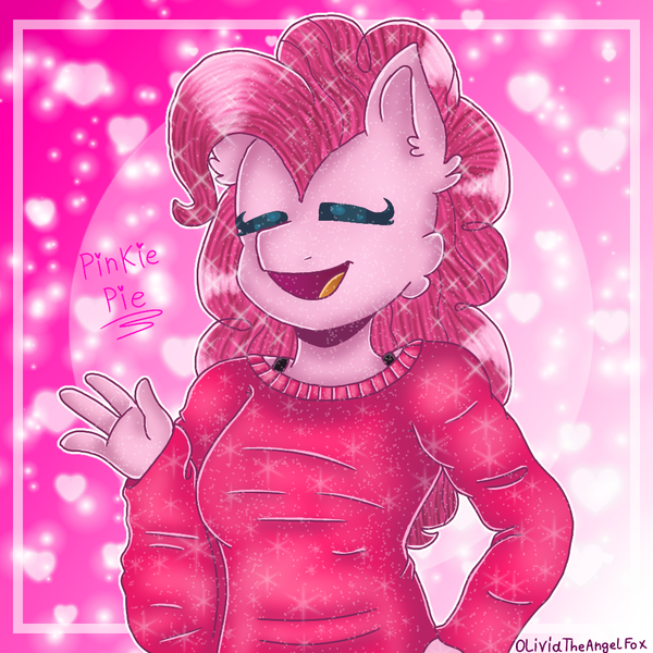 Size: 1000x1000 | Tagged: safe, artist:oliviatheangelfox, derpibooru import, pinkie pie, anthro, earth pony, bust, clothes, eyes closed, female, image, open mouth, png, signature, smiling