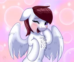 Size: 3600x3000 | Tagged: safe, artist:firehearttheinferno, derpibooru import, oc, oc:aviatrix, oc:avie, pegasus, pony, fallout equestria, abstract background, anime, anime sparkles, anime style, bashful, belly button, blushing, bubble, chest fluff, commission, cute, digital art, eyelashes, fallout, fallout equestria: burdens, female, floppy ears, happy, hooves, image, looking at someone, looking at you, mare, maroon mane, one eye closed, open mouth, pink, png, purple, purple eyes, romance, shine, shy, smiling, smiling at you, solo, sparkle, sparkles, spread wings, watermark, white coat, wings, wink, winking at you