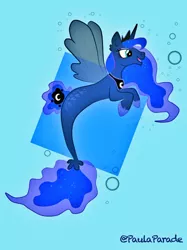 Size: 1280x1707 | Tagged: safe, artist:paulaparade, derpibooru import, princess luna, alicorn, pony, seapony (g4), blue background, blue eyes, bubble, clothes, crown, dorsal fin, ethereal mane, fin wings, fins, fish tail, hoof shoes, horn, image, jewelry, jpeg, open mouth, regalia, seaponified, seapony luna, see-through, simple background, smiling, solo, species swap, starry mane, swimming, tail, underwater, water, wings