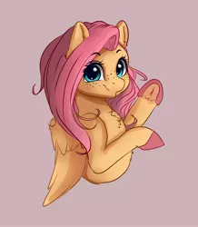 Size: 2450x2816 | Tagged: safe, artist:miokomata, derpibooru import, fluttershy, pegasus, pony, chest fluff, colored hooves, cute, female, freckles, freckleshy, frog (hoof), image, jpeg, looking at you, mare, purple background, shyabetes, simple background, solo, underhoof, waving