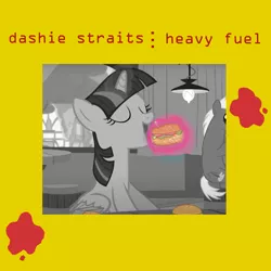 Size: 2000x2000 | Tagged: safe, artist:grapefruitface1, derpibooru import, twilight sparkle, alicorn, twilight time, burger, dire straits, eyes closed, food, grayscale, hay burger, image, ketchup, magic, magic aura, monochrome, png, ponified single cover, sauce, single cover, solo focus, stains, twilight sparkle (alicorn)