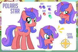 Size: 1280x852 | Tagged: safe, artist:jennieoo, derpibooru import, oc, oc:polaris star, pony, unicorn, colt, happy, image, jpeg, male, reference sheet, show accurate, shy, solo, standing