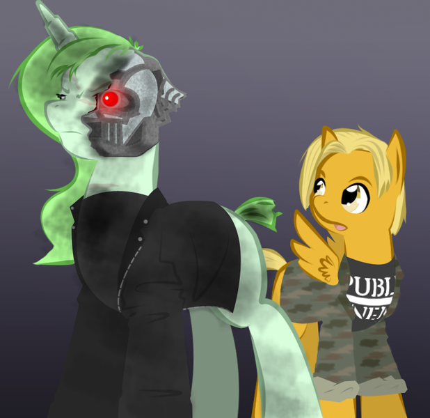 Size: 735x714 | Tagged: safe, artist:askmerriweatherauthor, derpibooru import, oc, oc:meadow lark (ask merriweather), oc:merriweather, pegasus, pony, unicorn, ask merriweather, crossover, female, image, mare, png, terminator 2, the terminator