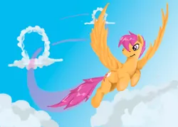 Size: 2898x2070 | Tagged: safe, artist:drizzthunter, derpibooru import, scootaloo, pegasus, pony, alternate cutie mark, cloud, flying, image, jpeg, older, older scootaloo, scootaloo can fly, solo