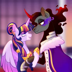 Size: 1024x1024 | Tagged: safe, artist:fourteennails, derpibooru import, king sombra, twilight sparkle, twilight sparkle (alicorn), alicorn, pony, female, height difference, holding hooves, hoof shoes, image, jpeg, looking at each other, male, mare, shipping, sombra eyes, stallion, straight, twibra