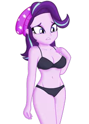 Size: 1440x2000 | Tagged: suggestive, derpibooru import, edit, editor:ah96, starlight glimmer, human, equestria girls, mirror magic, spoiler:eqg specials, beanie, belly button, black underwear, bra, breast edit, breasts, busty starlight glimmer, cleavage, clothes, female, hat, image, ms paint, multicolored hair, nervous, panties, png, purple skin, shading, shiny skin, simple background, solo, solo female, tomboy, transparent background, underwear, underwear edit