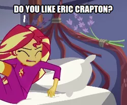 Size: 385x319 | Tagged: safe, derpibooru import, edit, screencap, sunset shimmer, human, equestria girls, legend of everfree, asian, eric clapton, image, meme, png, pronunciation, racism, solo, stereotype, text