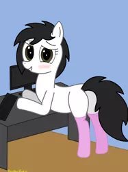 Size: 3016x4032 | Tagged: safe, artist:rainbowšpekgs, derpibooru import, oc, oc:mod pone the mod, unofficial characters only, earth pony, pony, adorasexy, blushing, butt, clothes, commission, computer, cute, desk, embarrassed, image, keyboard, plot, png, rear view, sexy, socks, solo