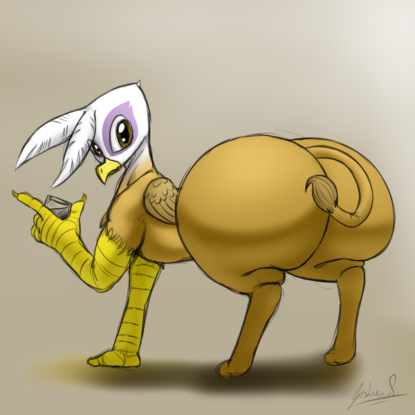 Size: 1440x1440 | Tagged: suggestive, artist:tracerpainter, derpibooru import, gilda, gryphon, butt, gildonk, huge butt, image, impossibly large butt, large butt, looking at you, looking back, looking back at you, png, solo, the ass was fat, thicc ass