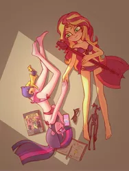 Size: 3000x4000 | Tagged: safe, artist:emerald-light, derpibooru import, sci-twi, sunset shimmer, twilight sparkle, equestria girls, adventure time, ass, barefoot, bikini, bill cipher, book, butt, clothes, coraline, doll, feet, female, glasses off, gravity falls, guitar, holding hands, image, jpeg, lesbian, lying down, midriff, mobile phone, musical instrument, overhead view, phone, reference, scitwishimmer, shipping, side-tie bikini, siren head, smartphone, sunlight, sunsetsparkle, swimsuit, the owl house, toy, trevor henderson, twibutt