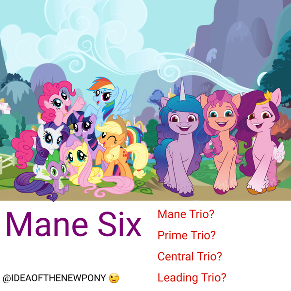 Size: 4096x4096 | Tagged: safe, artist:thenewpony, derpibooru import, applejack, fluttershy, izzy moonbow, pinkie pie, pipp petals, rainbow dash, rarity, spike, sunny starscout, twilight sparkle, twilight sparkle (alicorn), alicorn, dragon, earth pony, pegasus, pony, unicorn, leak, central trio, cloud, discussion, g5, hashtag, houses, image, leading trio, mane six, mane trio, meta, mountain, naming the three new main g5 characters, png, prime trio, speculation