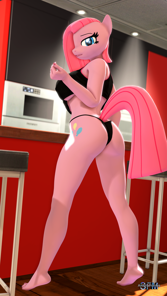 Size: 1080x1920 | Tagged: suggestive, artist:anthroponiessfm, derpibooru import, pinkie pie, anthro, plantigrade anthro, 3d, ass, balloonbutt, barefoot, breasts, butt, clothes, feet, female, image, looking at you, panties, pinkamena diane pie, png, sexy, shirt, solo, solo female, source filmmaker, spreading, spread legs, underboob, underwear