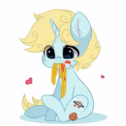 Size: 1080x1080 | Tagged: safe, artist:yomechka, derpibooru import, pony, unicorn, food, freckles, heart, image, jpeg, mouth hold, pasta, solo, spaghetti, tail wag