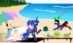 Size: 1600x954 | Tagged: safe, artist:evilfrenzy, banned from derpibooru, deleted from derpibooru, derpibooru import, princess celestia, princess luna, oc, oc:frenzy, alicorn, pony, beach, bikini, blindfold, cake, clothes, drink, female, food, fruna, image, male, mare, melon, ocean, png, show accurate, stallion, stick, swimming trunks, swimsuit, umbrella