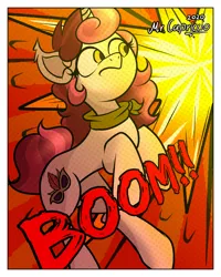 Size: 3000x3750 | Tagged: safe, artist:mrcapriccio, derpibooru import, oc, oc:dolce spiaro, pony, unicorn, abstract background, action pose, comic, explosion, female, high res, image, looking back, png, scared, solo, spy, surprised, worried