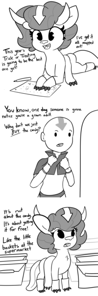 Size: 1800x5400 | Tagged: safe, artist:tjpones, derpibooru import, oc, oc:brownie bun, oc:richard, earth pony, human, pony, aang, appa, avatar the last airbender, black and white, clothes, comic, costume, female, grayscale, halloween, halloween costume, holiday, image, male, mare, monochrome, png, simple background, white background