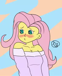 Size: 1652x2048 | Tagged: safe, artist:demitri, derpibooru import, fluttershy, human, equestria girls, abstract background, blushing, bust, clothes, collarbone, colored, cute, duckface, eyeshadow, female, image, jpeg, looking away, makeup, off shoulder, shyabetes, signature, solo, sweater, wingding eyes