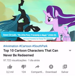 Size: 540x549 | Tagged: safe, derpibooru import, screencap, queen chrysalis, starlight glimmer, changeling, changeling queen, pony, unicorn, to where and back again, cute, cutealis, female, image, irredeemable, jpeg, meta, opinion, top 10, watchmojo.com, youtube