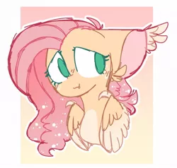 Size: 1000x950 | Tagged: safe, artist:legendarty, derpibooru import, fluttershy, pegasus, pony, blushing, bust, ear fluff, ear tufts, fangs, female, floppy ears, folded wings, gradient background, image, jpeg, looking away, looking sideways, mare, no pupils, outline, pale belly, portrait, smiling, solo, three quarter view, two toned wings, white outline, wing hooks, wings