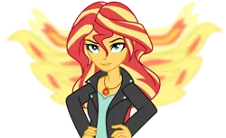 Size: 1024x626 | Tagged: safe, artist:emeraldblast63, artist:imdrunkontea, derpibooru import, sunset shimmer, phoenix, equestria girls, female, fiery shimmer, fiery wings, geode of empathy, image, magical geodes, png, redraw, simple background, smiling, smirk, solo, sunset phoenix, transparent background, wings