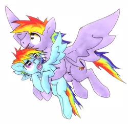 Size: 1632x1578 | Tagged: safe, artist:oddwarg, derpibooru import, part of a set, rainbow blaze, rainbow dash, pegasus, pony, duo, female, filly, filly rainbow dash, flying, flying lesson, image, learning to fly, png, simple background, training, white background, younger