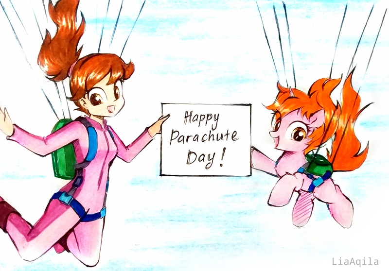 Size: 3329x2322 | Tagged: safe, artist:liaaqila, derpibooru import, oc, oc:maya northwind, unofficial characters only, pony, unicorn, equestria girls, clothes, commission, duo, human ponidox, image, jpeg, jumpsuit, parachute, ponified oc, self ponidox, sign, skydiving, traditional art