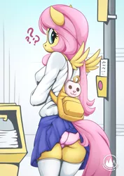 Size: 955x1351 | Tagged: suggestive, artist:mysticalpha, derpibooru import, fluttershy, anthro, pegasus, ass, backpack, butt, clothes, female, flutterbutt, image, jpeg, looking at you, looking back, looking back at you, panties, pink underwear, question mark, skirt, skirt lift, socks, solo, solo female, stockings, thigh highs, underwear, upskirt, wardrobe malfunction