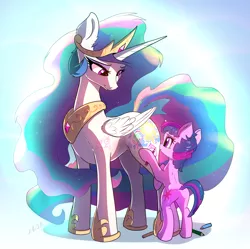 Size: 2395x2384 | Tagged: safe, artist:xbi, derpibooru import, princess celestia, twilight sparkle, alicorn, pony, unicorn, bodypaint, butt, cute, cutelestia, cutie mark, daaaaaaaaaaaw, drawing, female, filly, filly twilight sparkle, gradient background, high res, hnnng, hoof hold, image, momlestia, pencil, plot, png, smiling, tabun art-battle cover, twiabetes, unicorn twilight, weapons-grade cute, wholesome, xbi is trying to murder us, younger