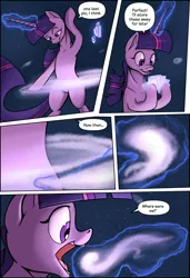 Size: 1772x2598 | Tagged: safe, artist:shieltar, derpibooru import, part of a set, twilight sparkle, pony, unicorn, comic:giant twilight, comic, cute, dialogue, female, galaxy, giant pony, giant twilight sparkle, giantess, image, jewelry, jpeg, macro, magic, mare, necklace, part of a series, pony bigger than a galaxy, pony bigger than a planet, pony bigger than a solar system, pony bigger than a star, pony heavier than a black hole, pony heavier than a galaxy, signature, size difference, solo, space, stars, tangible heavenly object, unicorn twilight