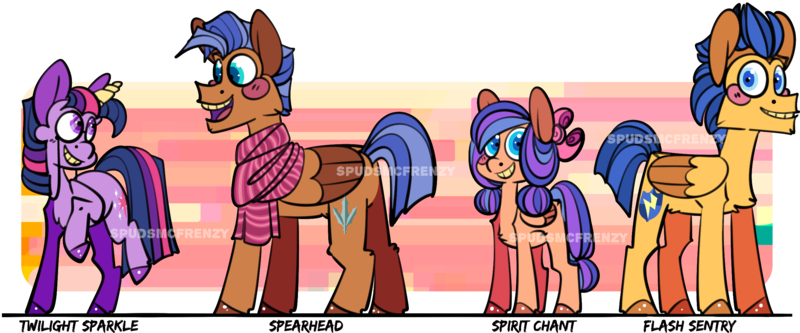 Size: 2481x1032 | Tagged: safe, artist:spudsmcfrenzy, derpibooru import, flash sentry, spearhead, twilight sparkle, twilight sparkle (alicorn), oc, oc:spirit chant, alicorn, pony, unicorn, alternate universe, female, filly, image, offspring, parent:spearhead, parent:twilight sparkle, png, simple background, transparent background