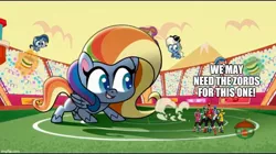 Size: 888x499 | Tagged: safe, derpibooru import, edit, edited screencap, screencap, fluttershy, alicorn, pegasus, pony, my little pony: pony life, animation error, blue ranger, buckball, caption, cut scene (character), female, flutterdash (episode), giant pony, giantshy, green ranger, image, image macro, jpeg, kaizoku sentai gokaiger, levitation, macro, magic, mare, meme, pink ranger, power rangers, power rangers super megaforce, recolor, red ranger, referee, stadium, telekinesis, text, treehouse logo, yellow ranger