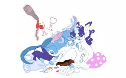 Size: 731x457 | Tagged: safe, artist:trenchcoatraccoons, derpibooru import, rarity, trixie, oc, oc:snakeskin agate, classical unicorn, diamond dog, pony, unicorn, adopted offspring, alcohol, cloven hooves, diamond dog oc, diamond puppy, female, glass, horn, horns are touching, image, leonine tail, lesbian, levitation, long ears, magic, magical lesbian spawn, offspring, parent:rarity, parent:trixie, parents:rarixie, png, rarixie, shipping, simple background, story in the source, telekinesis, unshorn fetlocks, white background, wine, wine glass