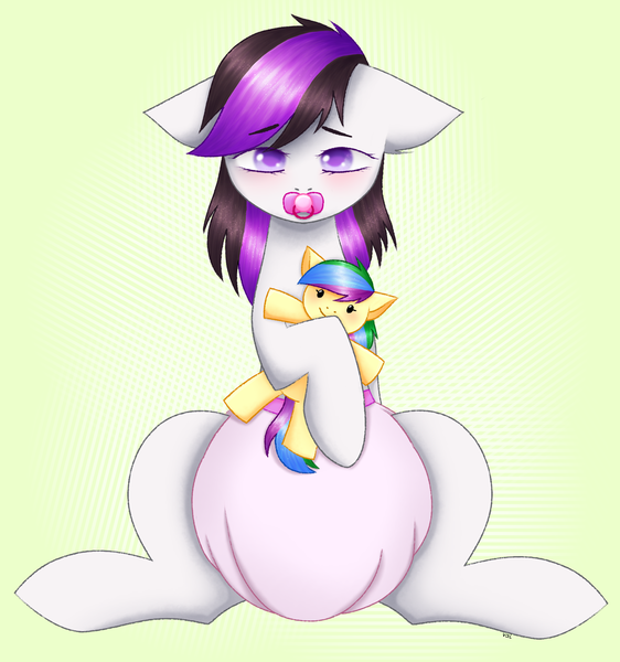 Size: 1614x1722 | Tagged: questionable, artist:vaiola, derpibooru import, oc, oc:flavorful sweets, oc:lasting charity, unofficial characters only, pegasus, pony, advertisement, baby, baby pony, big eyes, blushing, commission, cute, diaper, diaper fetish, eyebrows, female, fetish, filly, floppy ears, image, mare, pacifier, plushie, png, poofy diaper, shy, simple background, sitting, solo, ych result