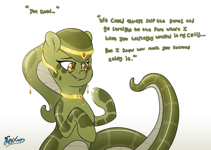 Size: 3514x2502 | Tagged: safe, artist:fluffyxai, derpibooru import, oc, oc:melyssa, lamia, original species, snake, coy, image, looking at hoof, png, smiling, speech, talking