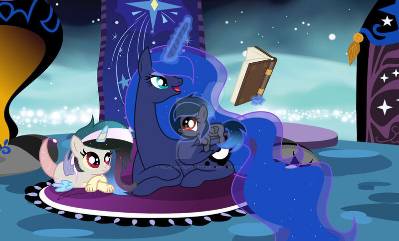 Size: 1024x620 | Tagged: safe, artist:velveagicsentryyt, derpibooru import, princess luna, oc, oc:moonlight sonata, oc:mysterilestia, hybrid, pony, book, female, filly, image, interspecies offspring, jpeg, lying down, magic, offspring, parent:discord, parent:king sombra, parent:princess celestia, parent:princess luna, parents:dislestia, parents:lumbra, prone