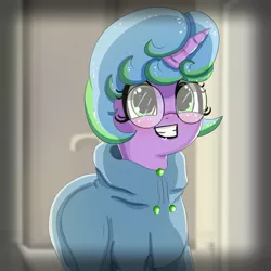 Size: 1400x1400 | Tagged: safe, artist:crimsonsky, derpibooru import, oc, oc:lightheart trot, pony, unicorn, blushing, clothes, cute, female, glasses, image, mare, png, smiling, solo