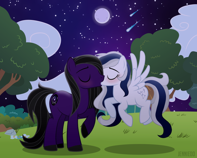 Size: 1200x964 | Tagged: safe, artist:jennieoo, derpibooru import, oc, oc:andrewmeda, oc:milky way, earth pony, pegasus, pony, female, forest, image, kissing, male, moon, night, oc x oc, png, shipping, show accurate, straight, tree, wings