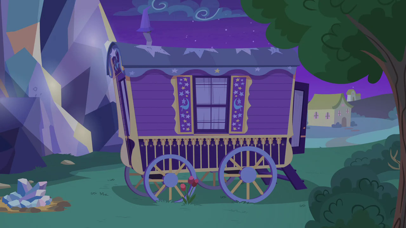 Size: 1280x720 | Tagged: safe, derpibooru import, screencap, to where and back again, background, image, night, no pony, png, ponyville, scenic ponyville, trixie's wagon, twilight's castle