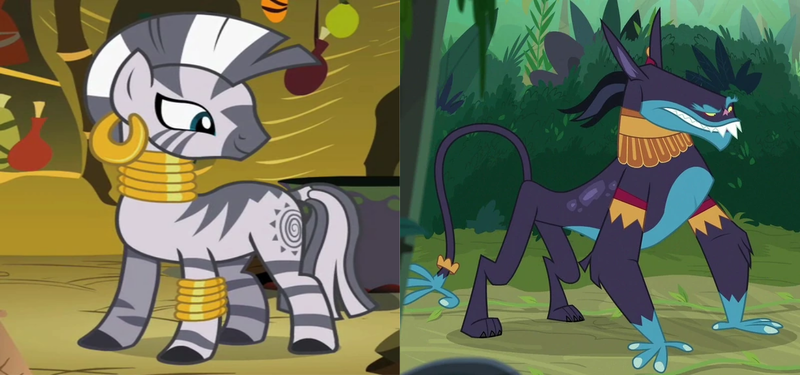 Size: 1228x576 | Tagged: safe, derpibooru import, edit, edited screencap, screencap, ahuizotl, zecora, ahuizotl (species), zebra, daring doubt, the cutie pox, ahuizecora, bracelet, crack shipping, cropped, ear piercing, earring, female, image, interspecies, jewelry, male, neck rings, piercing, png, quadrupedal, shipping, shipping domino, straight