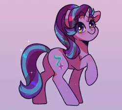 Size: 1024x920 | Tagged: safe, artist:cottonsweets, derpibooru import, starlight glimmer, pony, unicorn, cute, eyebrows, female, glimmerbetes, image, jpeg, mare, one hoof raised, pink background, simple background, smiling, solo