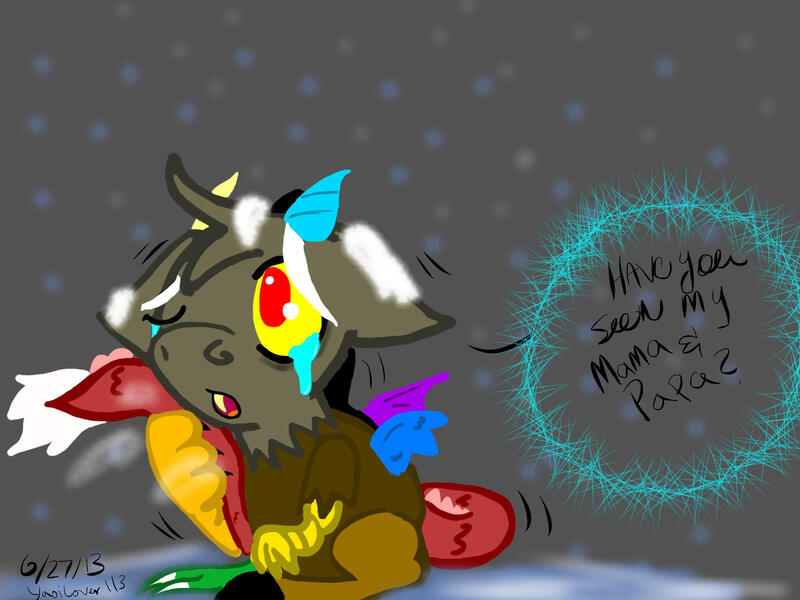 Size: 2048x1536 | Tagged: safe, artist:artmama113, derpibooru import, discord, draconequus, crying, image, jpeg, male, one eye closed, sitting, solo, talking, wink, young discord