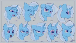 Size: 4038x2271 | Tagged: safe, artist:auroriia, derpibooru import, trixie, pony, unicorn, blushing, bust, expressions, eyes closed, female, floppy ears, frown, image, lidded eyes, looking at you, looking back, looking back at you, mare, open mouth, png, pouting, smiling, solo