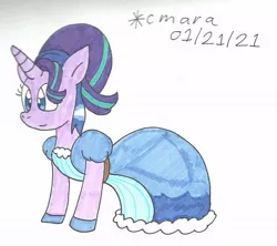 Size: 1081x959 | Tagged: safe, artist:cmara, derpibooru import, starlight glimmer, pony, unicorn, alternate hairstyle, belt, clothes, cute, dress, female, gala dress, glimmerbetes, gloves, image, jpeg, mare, simple background, solo, traditional art, white background