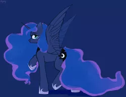 Size: 3048x2343 | Tagged: safe, artist:laymy, derpibooru import, princess luna, alicorn, pony, blue background, butt, cute, female, image, looking at you, mare, moonbutt, one hoof raised, png, profile, simple background, solo