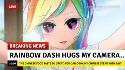 Size: 1280x720 | Tagged: safe, artist:jeremywithlove, color edit, derpibooru import, edit, editor:michaelsety, rainbow dash, human, equestria girls, anime, break your own news, breaking news, clothes, colored, cute, dashabetes, drool, female, heart eyes, human coloration, humanized, image, light skin, light skin edit, looking at you, open mouth, png, shirt, skin color edit, solo, wingding eyes