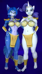Size: 2160x3840 | Tagged: suggestive, artist:kevhon, derpibooru import, rarity, anthro, plantigrade anthro, unicorn, 3d, armor, bra, breasts, clothes, crossover, duo, duo female, eyeshadow, female, gold, hand on hip, image, krystal, lipstick, looking at you, makeup, nintendo, png, pose, sexy, source filmmaker, star fox, underwear