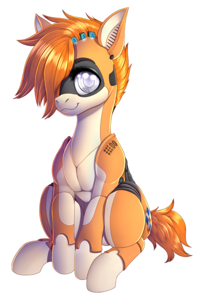 Size: 4800x7296 | Tagged: safe, artist:dankflank, derpibooru import, oc, oc:kiva, unofficial characters only, pony, robot, robot pony, derpibooru community collaboration, 2021 community collab, :3, female, hair over one eye, image, looking at you, mane, pecs, png, simple background, sitting, smiling, smiling at you, solo, tail, transparent background