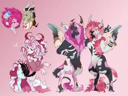 Size: 1280x960 | Tagged: safe, artist:bunnari, derpibooru import, discord, pinkie pie, oc, oc:carnivalicious dionysus wonderland, oc:festivalus bacchus dreamland, oc:harlequin saccharine comedy, draconequus, earth pony, pony, bowtie, bust, cloven hooves, discopie, female, fraternal twins, gradient background, hat, horns, image, interspecies offspring, jpeg, male, offspring, parent:discord, parent:pinkie pie, parents:discopie, rearing, shipping, straight, tongue out, top hat, twins