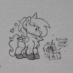 Size: 1662x1662 | Tagged: safe, artist:drheartdoodles, derpibooru import, oc, oc:dr.heart, oc:morokei, unofficial characters only, clydesdale, pegasus, pony, unicorn, :p, blind, blindfolded, chest fluff, chibi, image, jpeg, size difference, tongue out, traditional art